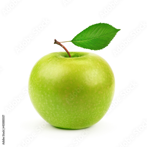 Green apple with leaf isolated on white background
