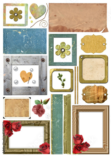 A set of scrap elements, picture frames, photo edges and paper.