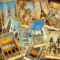 Vintage European travel scrapbook collage. Retro postcard background with Rome Colosseum, Eiffel Tower, Milan Cathedral, Santorini ,Prague and  Venice.