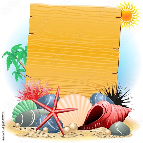 Cartellone Legno con Conchiglie-Wooden Panel wih Seashells