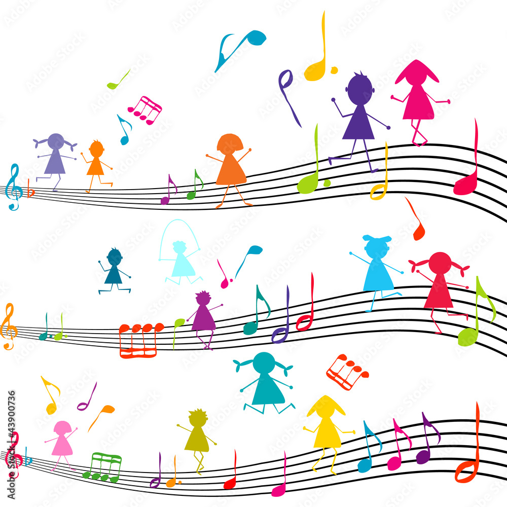 Naklejka premium Music note with kids playing with the musical notes