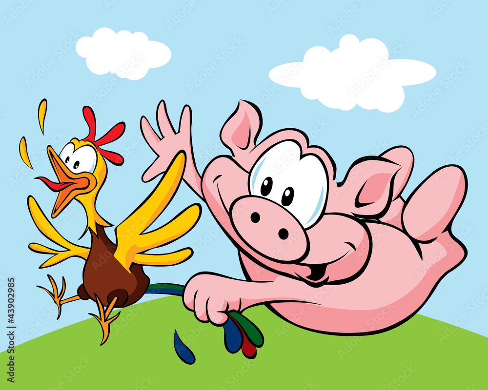 pig catch a hen cartoon