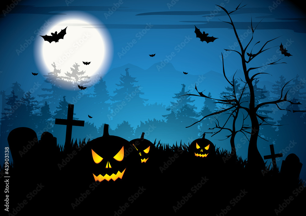 Halloween night with pumpkins on graveyard