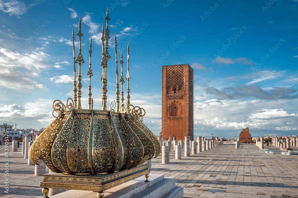 Naklejka premium Tour Hassan tower golden decorations Rabat Morocco