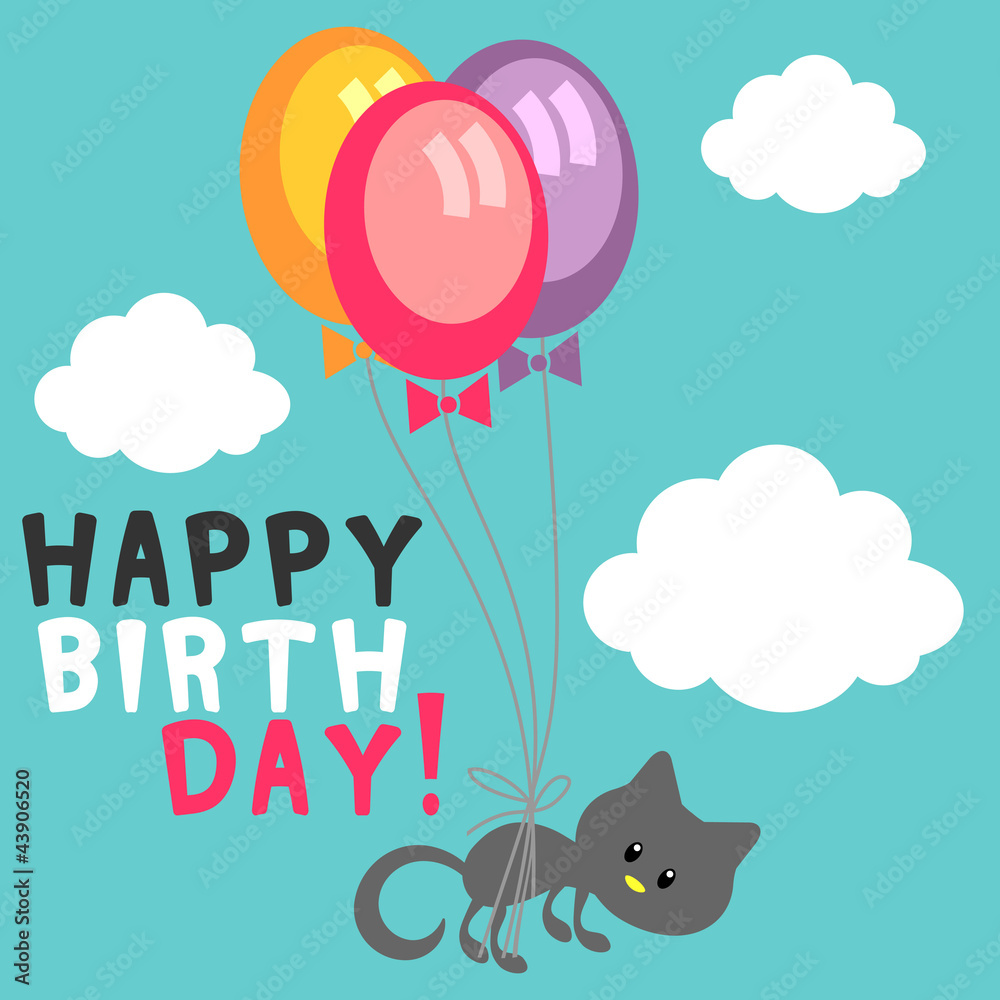 Birthday card cute kitty with balloons in the sky