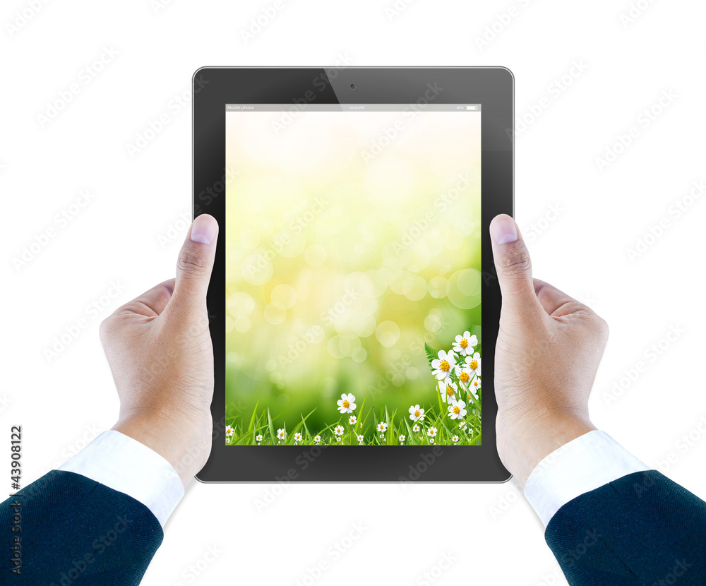 hand of business man holding and touching on touch pad hand of business man holding and touching on touch pad