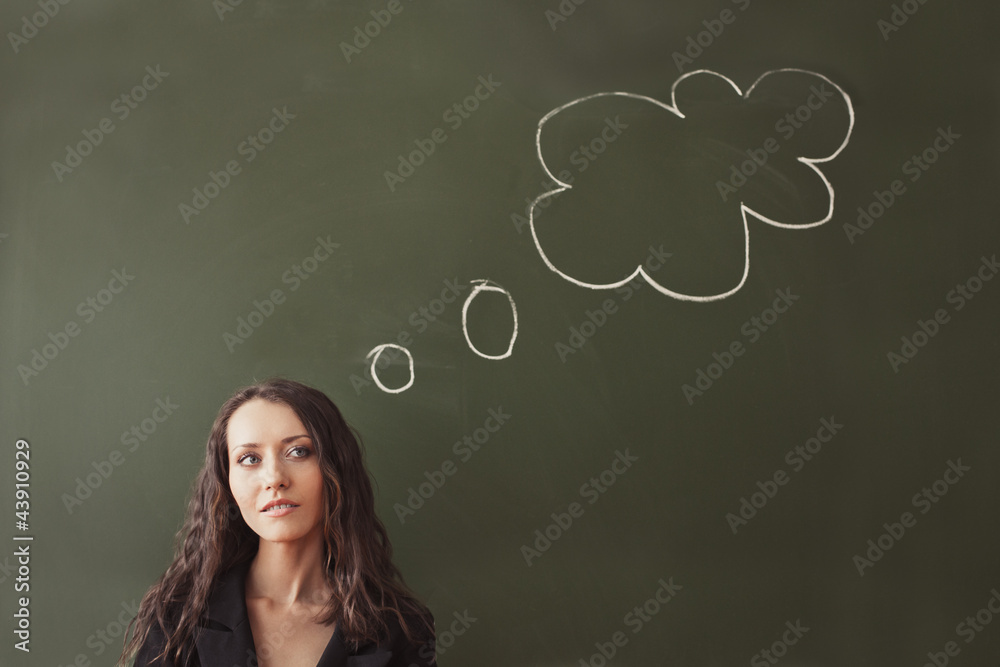 woman over blackboard with cloud