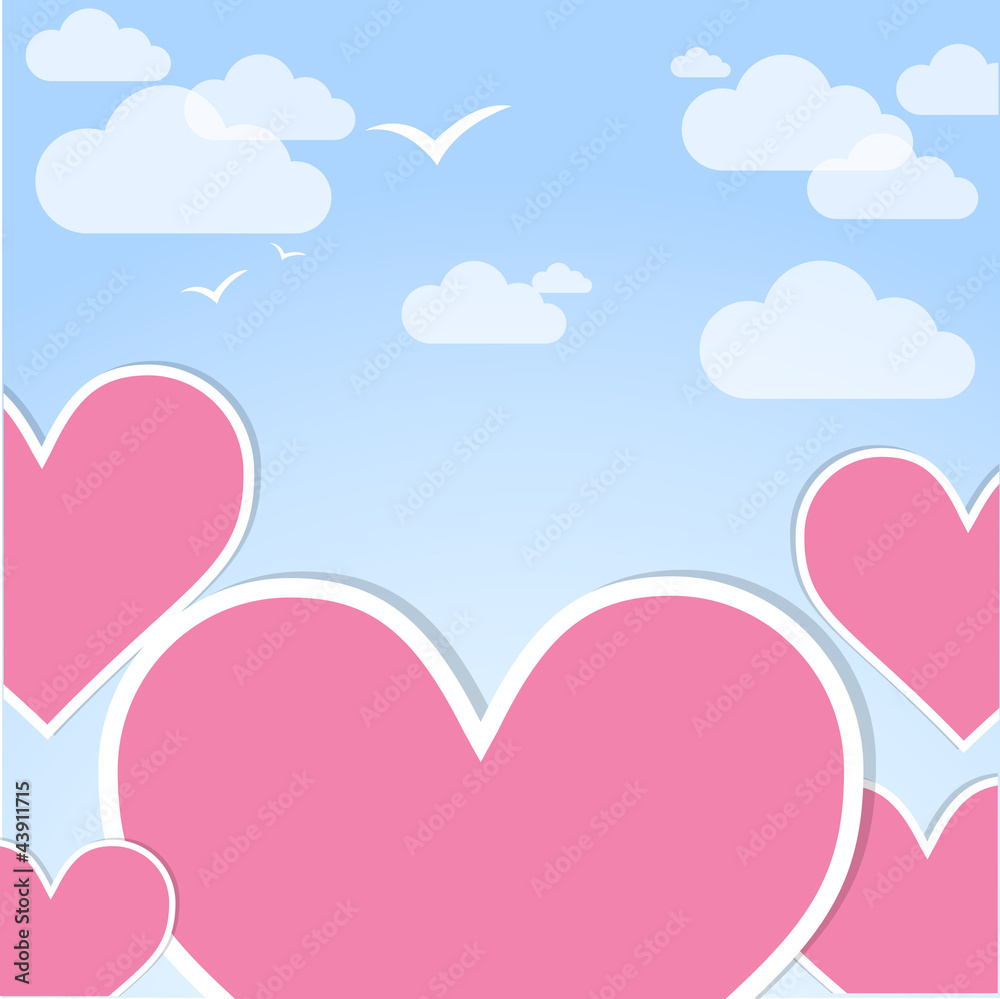 Pink hearts in the sky. Vector