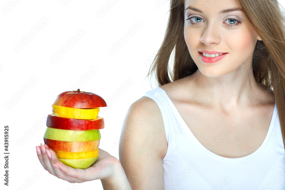 Portrait of a young woman with fruit isolated on a white Portrait of a young woman with fruit isolated on a white