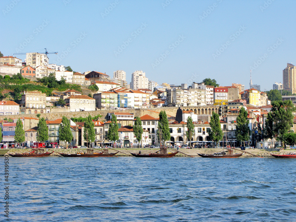 View of Porto city and wine boats on River Douro in Portugal