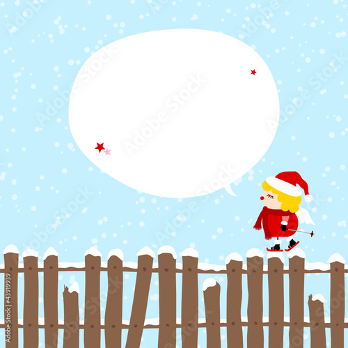 Angel Skiing On Fence Christmas Speech Bubble