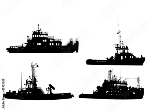 Set of silhouettes of towboat