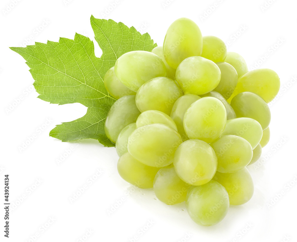 Ripe grapes with leaves, Isolated on white background Ripe grapes with leaves, Isolated on white background