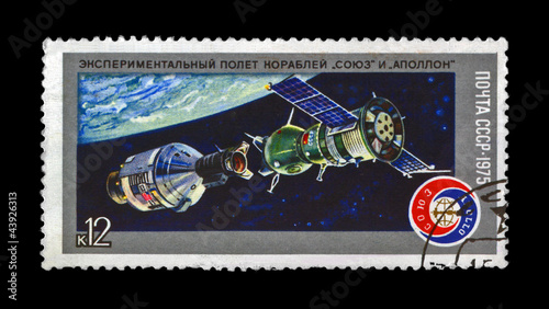 Soyuz, Apollo spaceship experimental flight,circa 1975. manned space flight near Earth Planet. Apollo-Soyuz Test Project as 1st joint flight of the USA and USSR. Stamp printed in USSR (Russia).