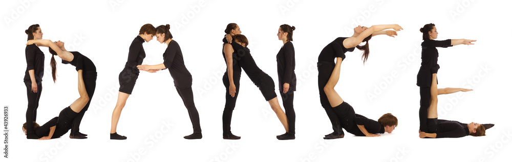 Fototapeta premium Black dressed people forming DANCE word over white