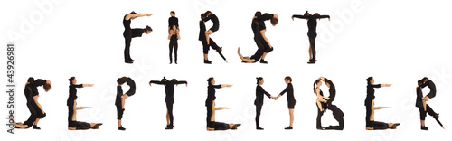 Black dressed people forming FIRST SEPTEMBER word over white