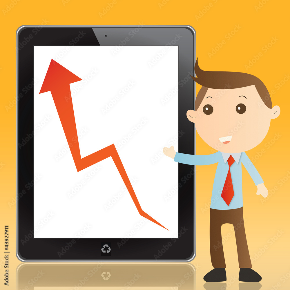 Businessman with tablet on yellow background Businessman with tablet on yellow background