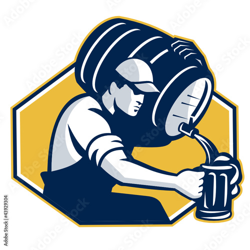 Bartender Pouring Keg Barrel Beer Retro