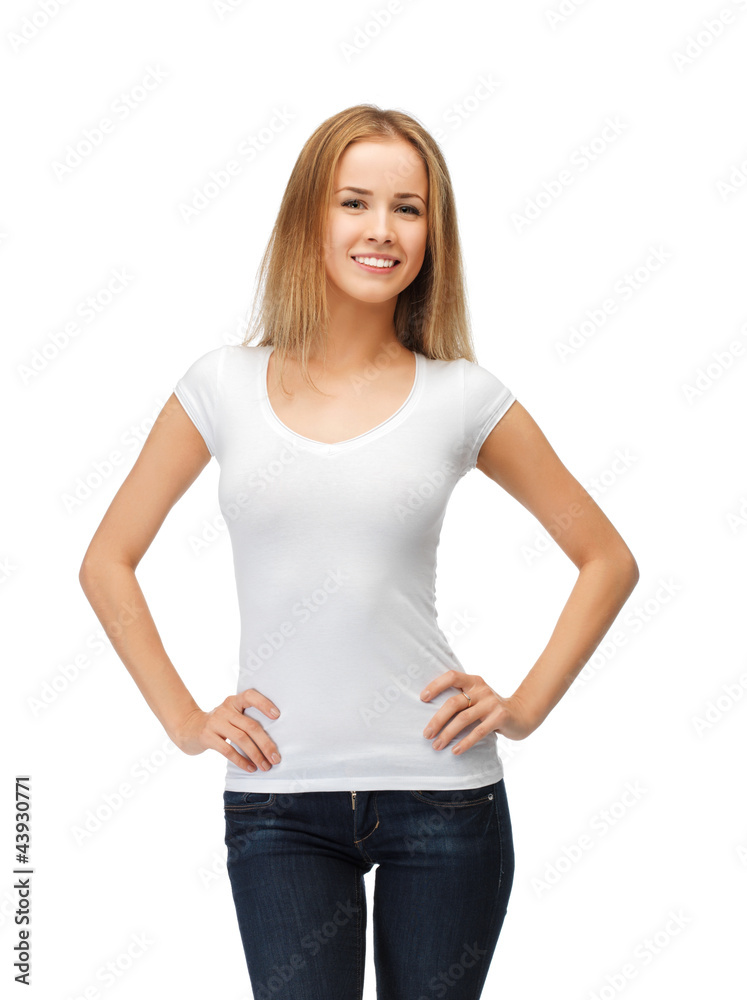 smiling teenage girl in blank white t-shirt smiling teenage girl in blank white t-shirt