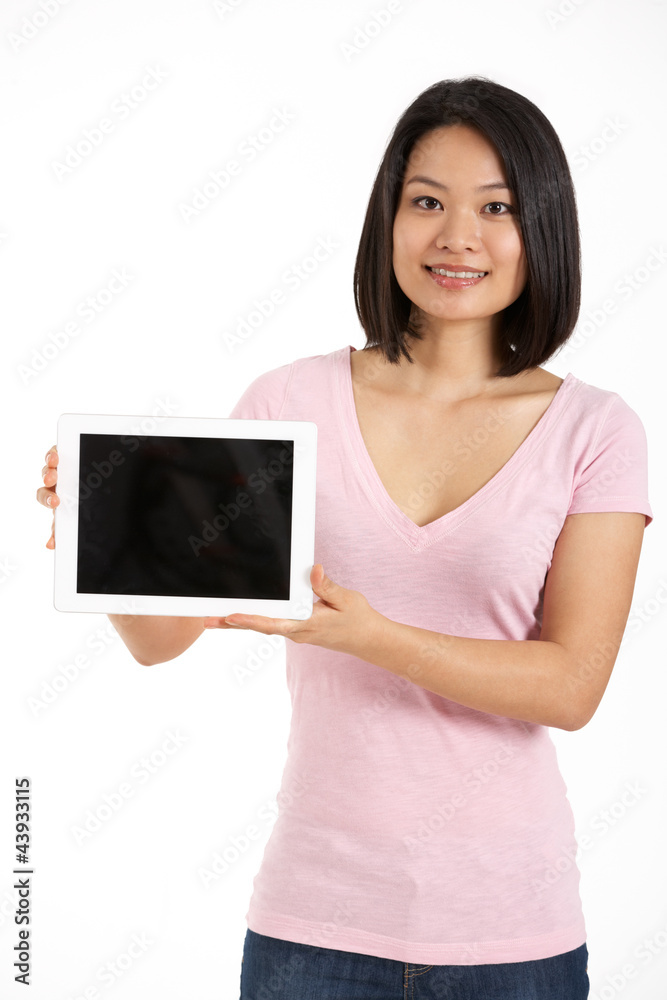 Studio Shot Of Chinese Woman Holding Digital Tablet Studio Shot Of Chinese Woman Holding Digital Tablet