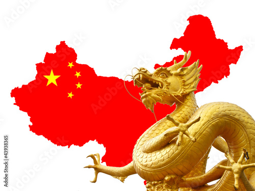 Chinese golden dragon and Chinese flag on the map