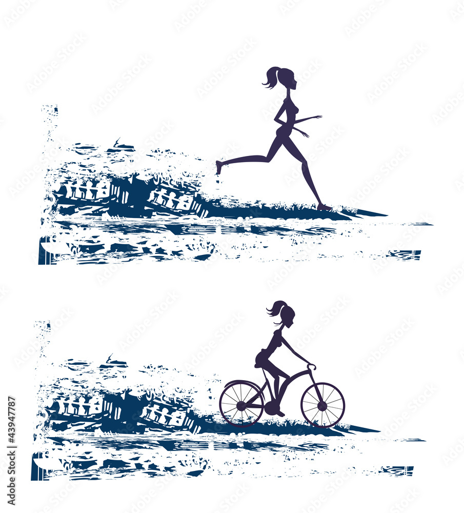 Fototapeta premium silhouette of marathon runner and cyclist race - abstract backgr