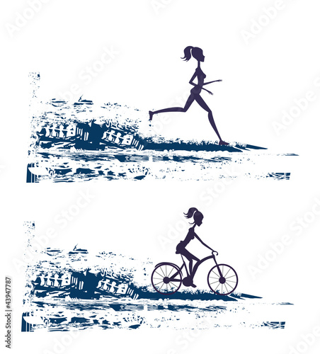 silhouette of marathon runner and cyclist race - abstract backgr