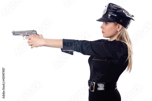 Woman police isolated on white