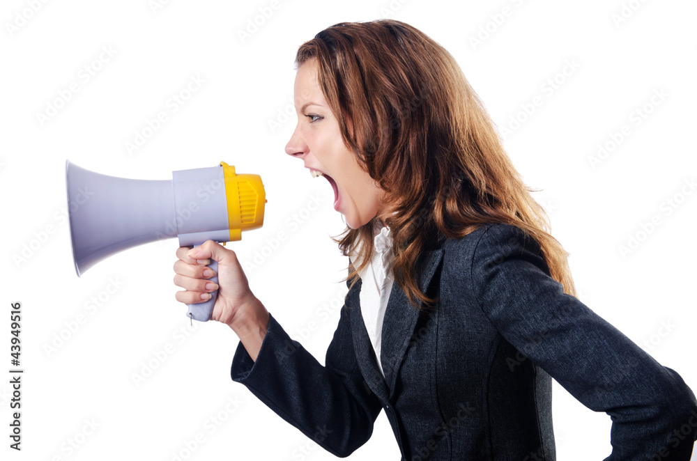 Businesswoman with loudspeaker on white Businesswoman with loudspeaker on white