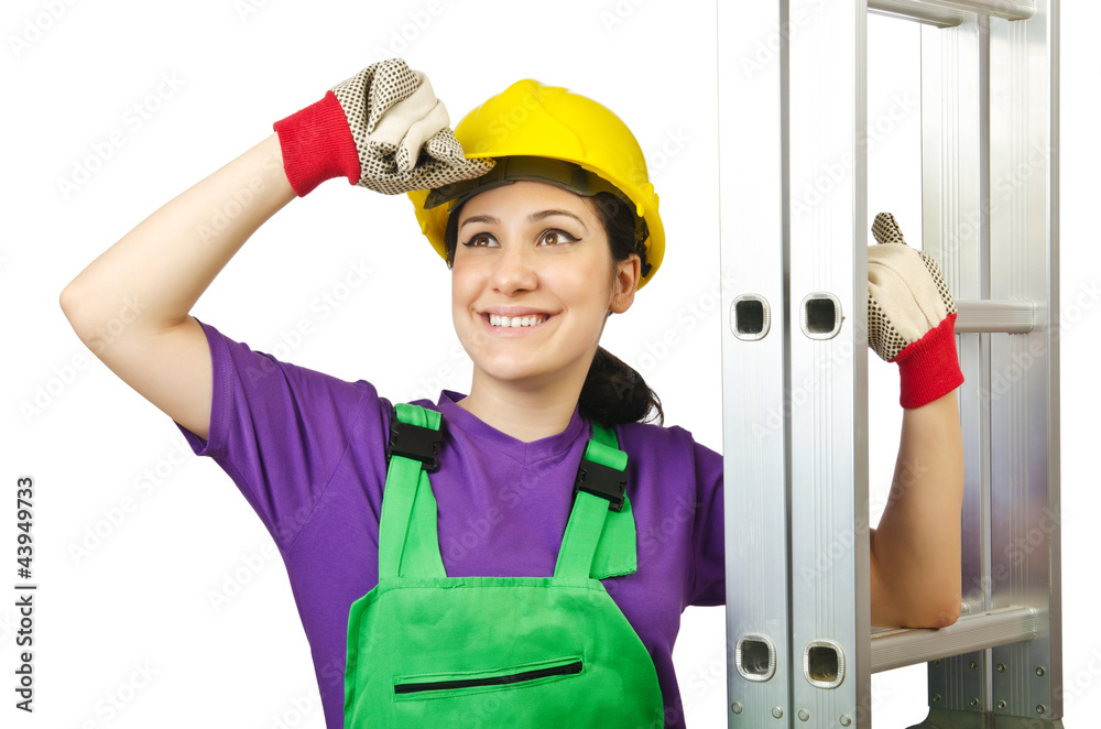 Woman worker with ladder on white Woman worker with ladder on white