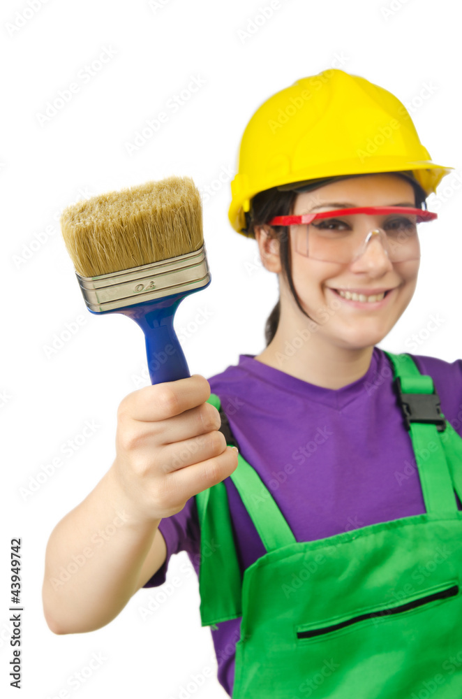 Woman worker with ladder on white Woman worker with ladder on white