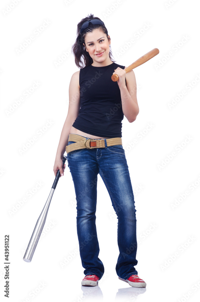 Woman criminal with bat on white