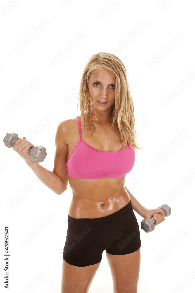 woman sweat pink weights on white look woman sweat pink weights on white look
