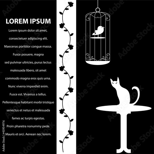 Beautiful vector card template with cat and bird