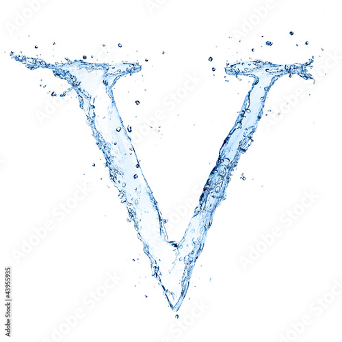 Water splashes letter "V" isolated on white background