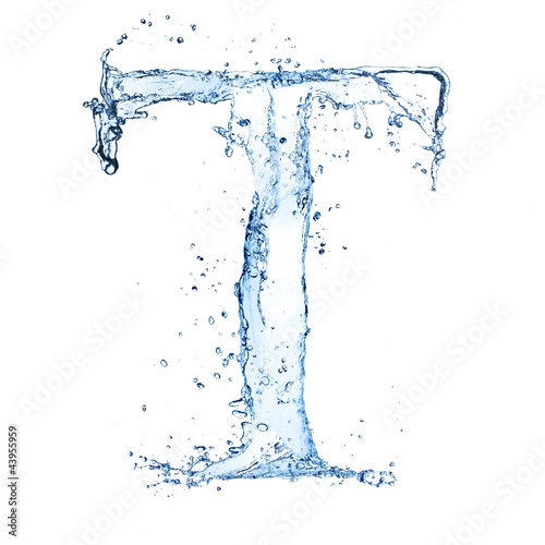 Water splashes letter "T" isolated on white background