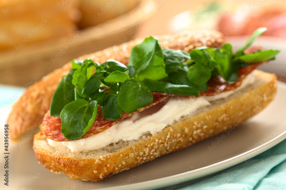 Salami, cream cheese and watercress sandwich
