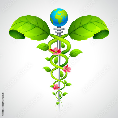 vector illustration of medical Caduceus sign with leaf
