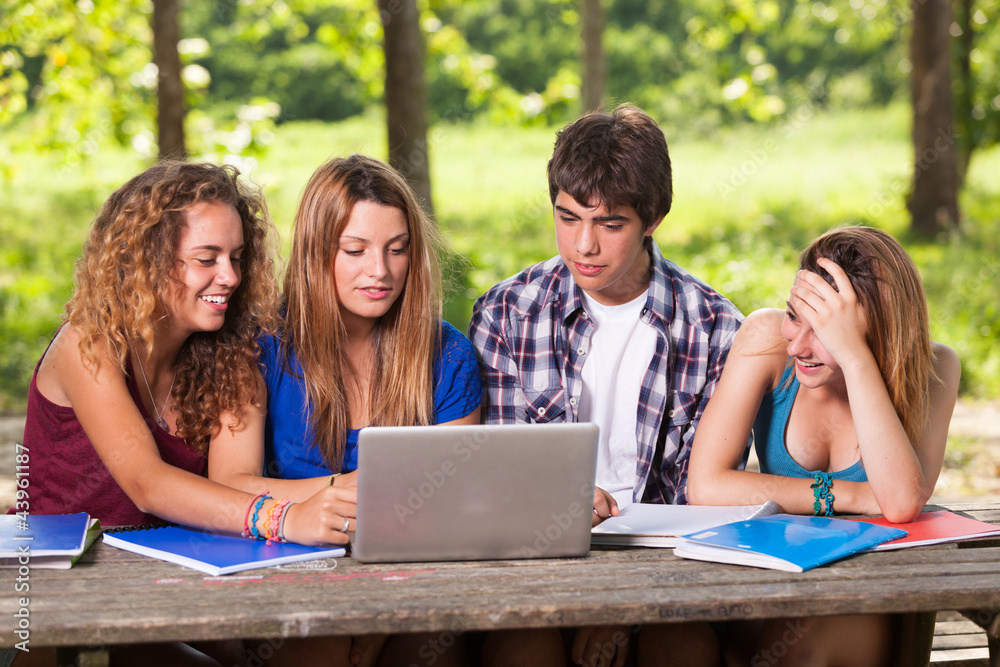 Group of Teenage Students at Park with Computer and Books