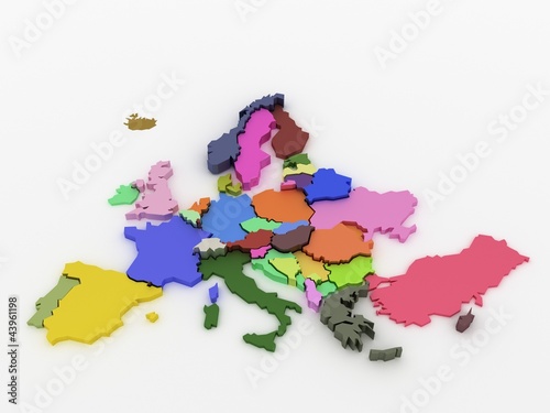 Three-dimensional map of Europe on white isolated background