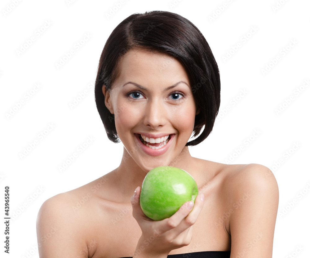 Woman hands an apple, isolated, white background Woman hands an apple, isolated, white background