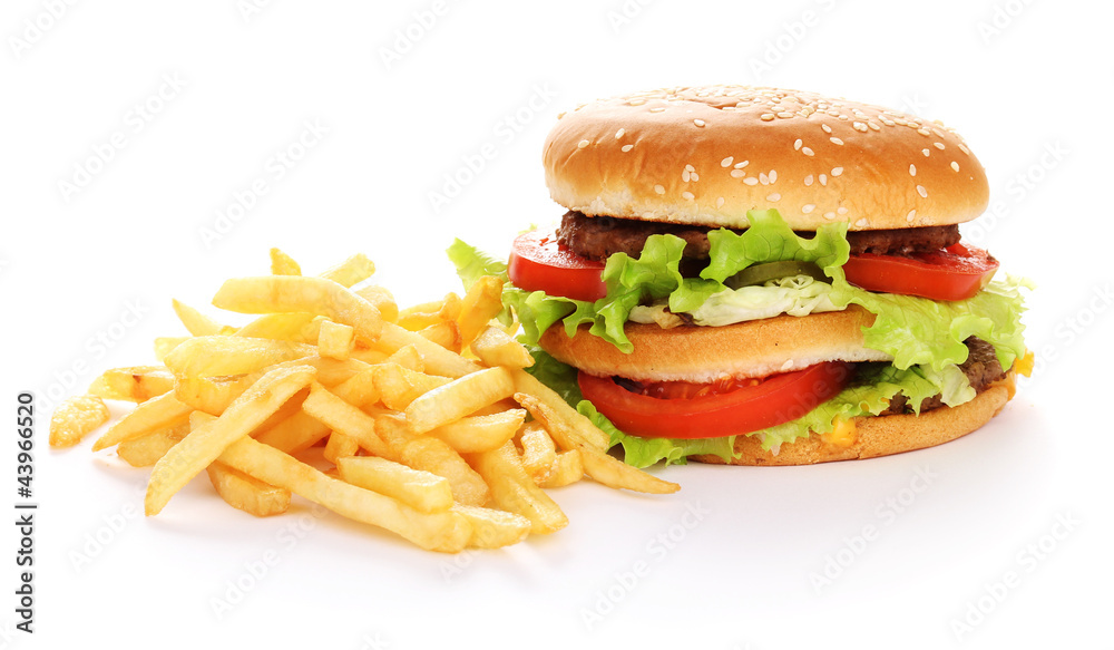 Big and tasty hamburger and fried potatoes isolated on white Big and tasty hamburger and fried potatoes isolated on white
