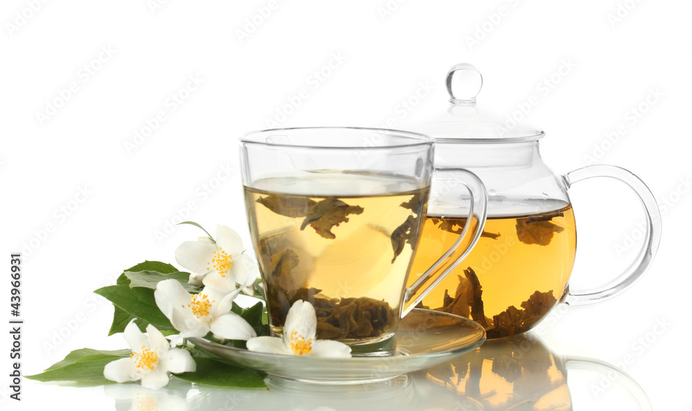 green tea with jasmine in cup and teapot isolated on white green tea with jasmine in cup and teapot isolated on white