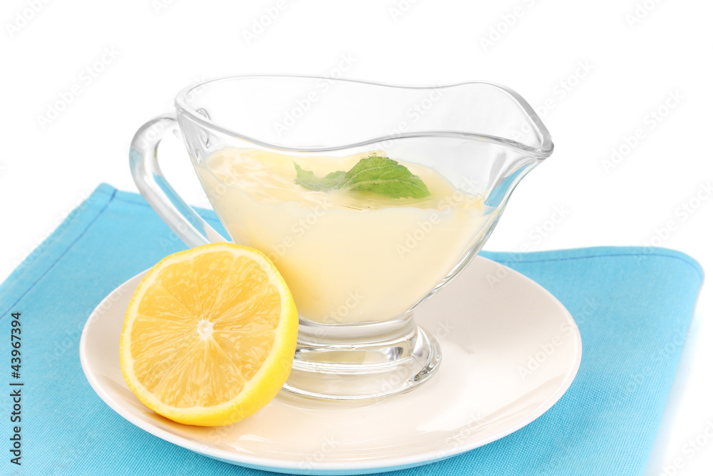 Mayonnaise in bowl on napkin isolated on white Mayonnaise in bowl on napkin isolated on white