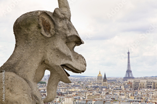 Gargoyle of Notre Dame and Paris skyline, France