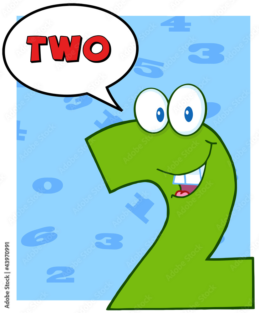 Naklejka premium Number Two Funny Cartoon Character With Speech Bubble And Text
