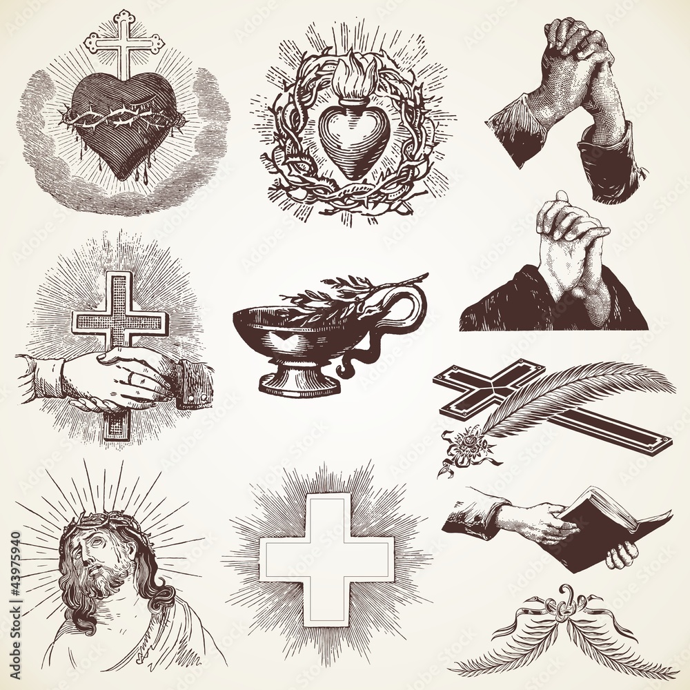 Fototapeta premium Vintage Religious Vector Pack illustrations, praying hands
