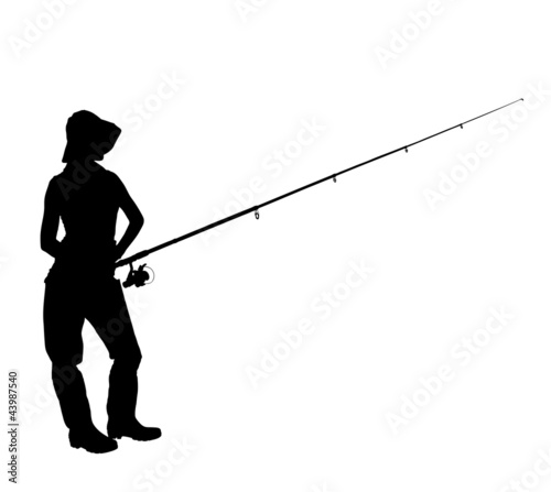 A silhouette of a fisherwoman holding a fishing pole