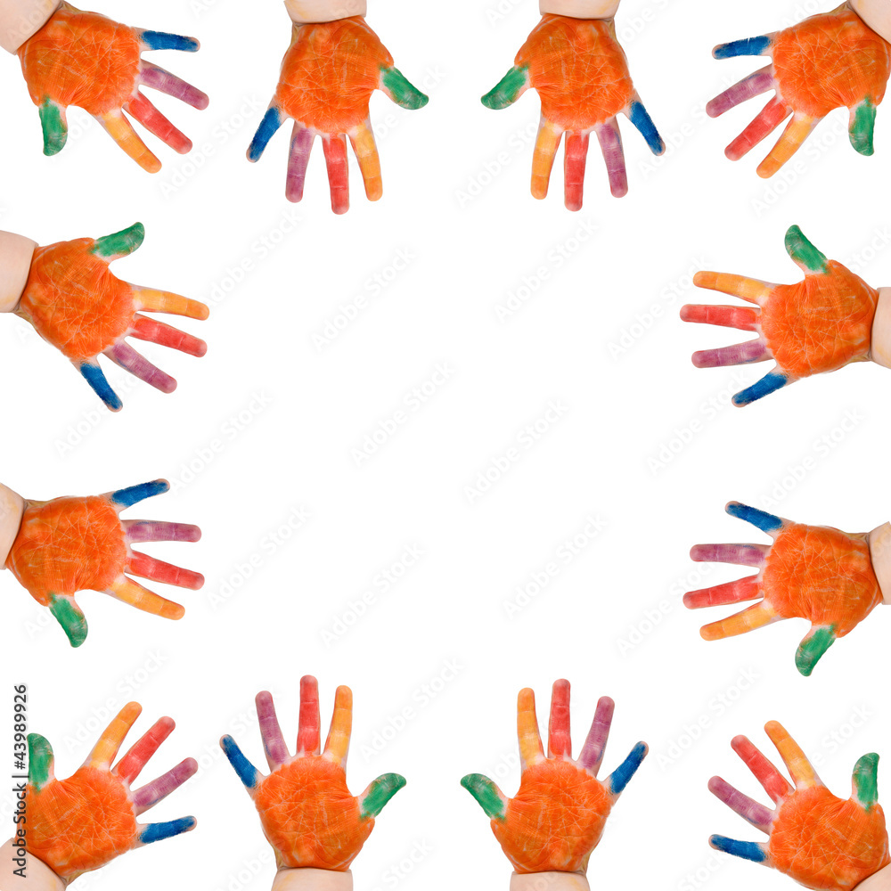 Fototapeta premium frame made of painted colorful paints children's hands