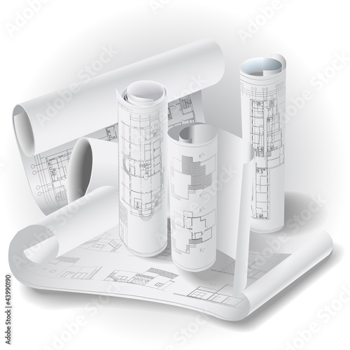 Architectural background with rolls of drawings